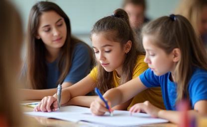 Students learning in a classroom setting, representing language proficiency courses